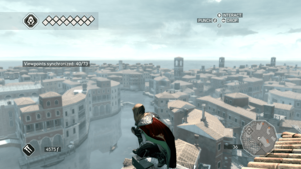 Ezio perched on a rooftop overlooking the canals and skyline of Venice in Assassin’s Creed II
