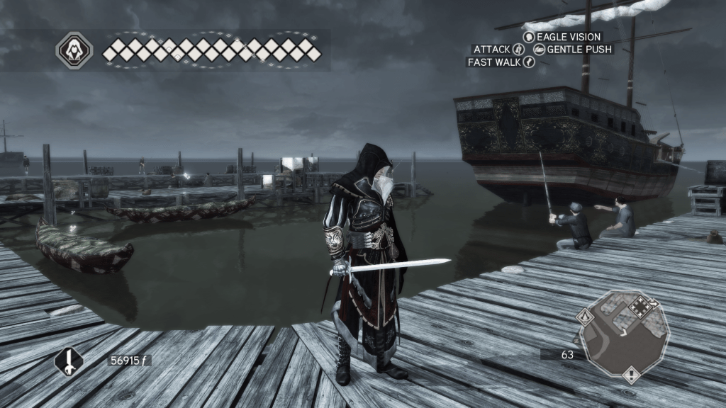 Ezio Auditore standing armed on a dock near a ship in Assassin’s Creed II