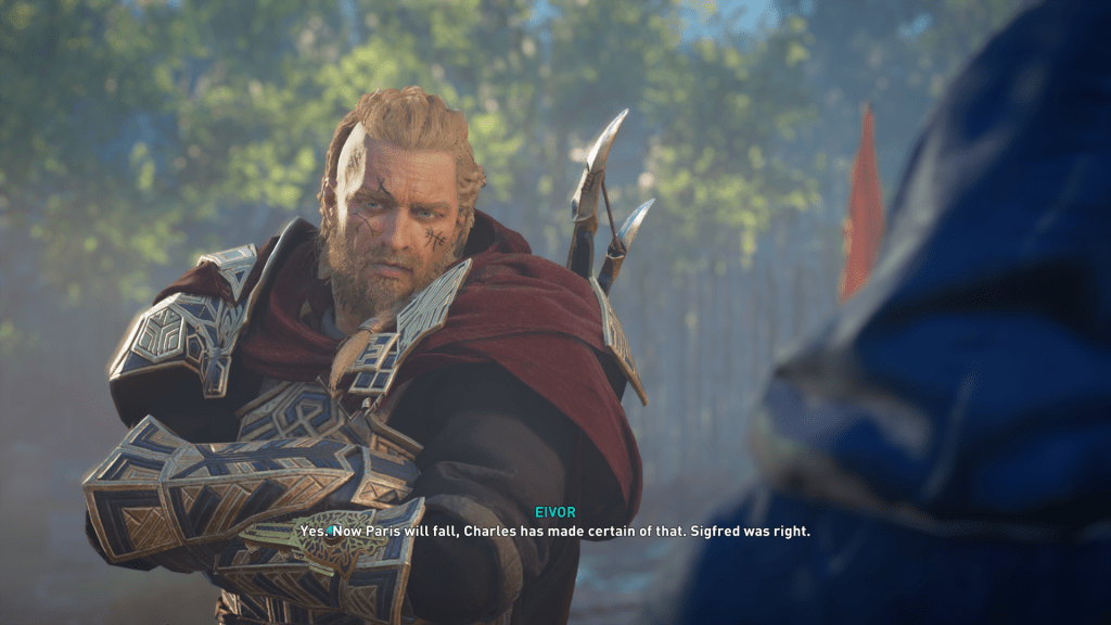 Eivor speaks during a dramatic moment in Siege of Paris, wearing ornate armor and discussing the fate of Paris.