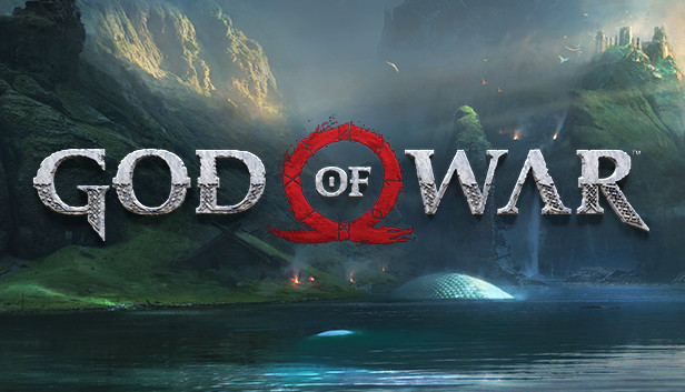 God of War logo over a Norse-inspired landscape with mountains, water, and a giant serpent beneath the surface.