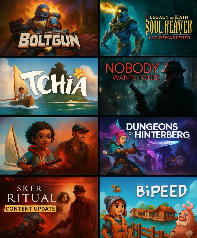 Promotional image for Humble Choice June 2025 featuring cover art for eight PC games including Warhammer 40K: Boltgun, Legacy of Kain: Soul Reaver, Tchia, and more, with the Humble Choice logo at the top.