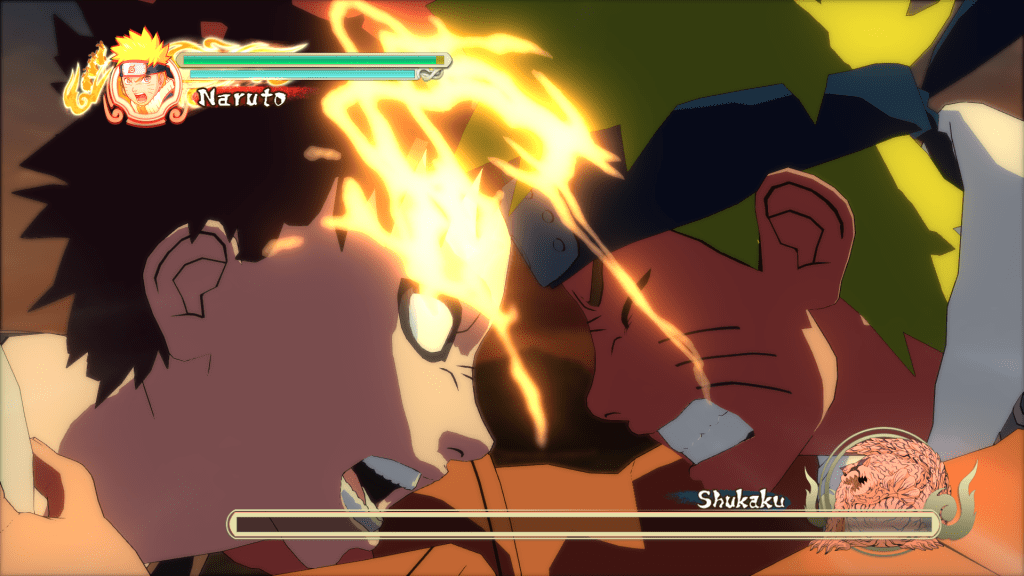 Close-up of Naruto and Gaara clashing foreheads with glowing chakra during a dramatic moment in Naruto: Ultimate Ninja Storm.