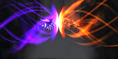 Anime-style artwork of Naruto Uzumaki and Sasuke Uchiha clashing in mid-air with bright orange and purple chakra energy bursting from their attacks.