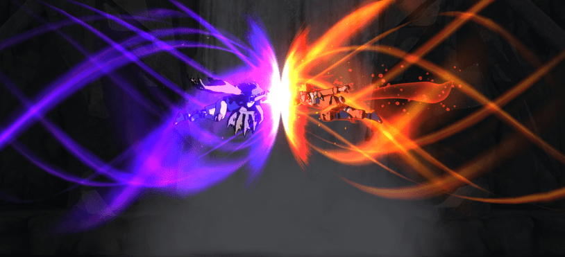 Anime-style artwork of Naruto Uzumaki and Sasuke Uchiha clashing in mid-air with bright orange and purple chakra energy bursting from their attacks.