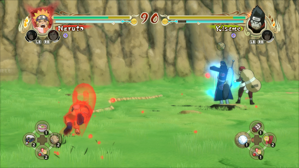 In-game screenshot of Naruto in Nine-Tails chakra mode dashing toward Kisame Hoshigaki, who is preparing a counterattack with Gaara as a support character.