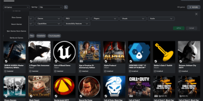 Screenshot of the new Xbox App interface showing games from Steam, Xbox, Battle.net, and Epic Games integrated into one library.