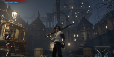 Pinocchio stands with a large sword in front of a gothic city backdrop in Lies of P, a dark Souls-like action RPG.