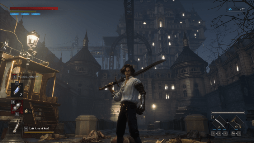 Pinocchio stands with a large sword in front of a gothic city backdrop in Lies of P, a dark Souls-like action RPG.