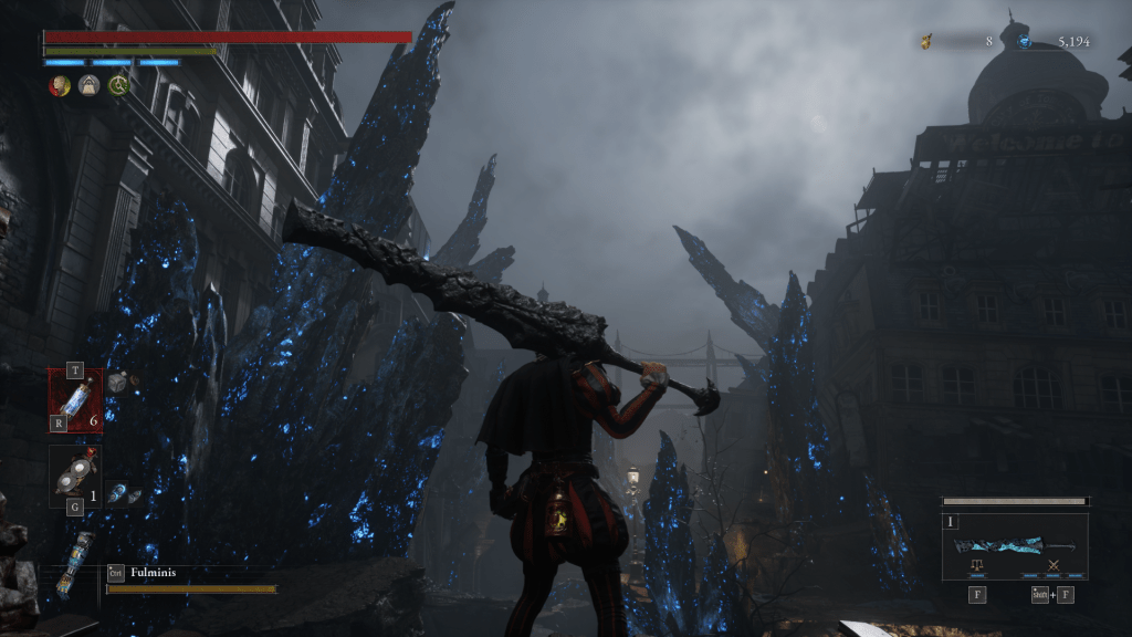 Pinocchio stands with a massive corrupted weapon in front of glowing blue crystal formations in the ruined city of Krat in Lies of P.