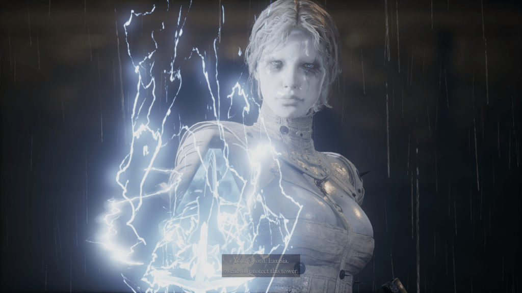 Laxasia, a white-haired warrior glowing with lightning, stands in the rain during a boss cutscene in Lies of P.