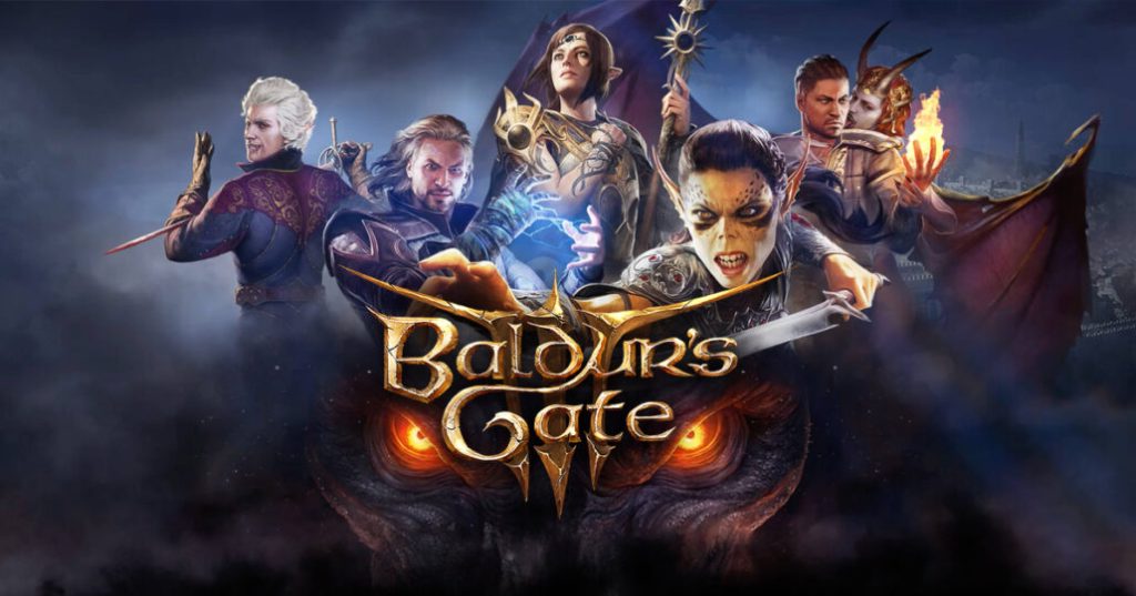 Main characters from Baldur’s Gate 3 standing in formation with weapons and spells ready, framed above the game logo and glowing eyes of a mind flaye