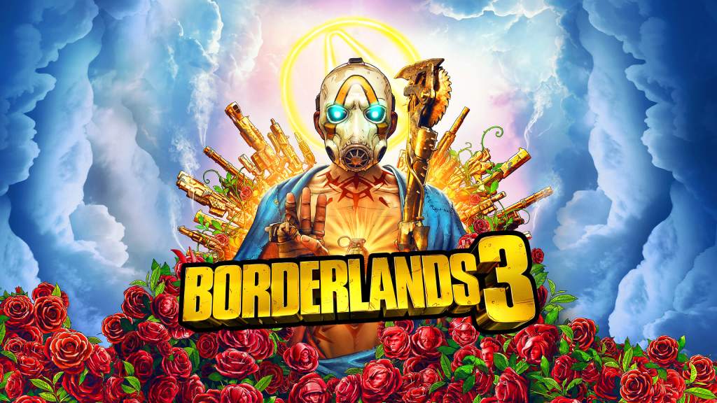 Borderlands 3 cover art featuring Psycho character with golden weapons and roses