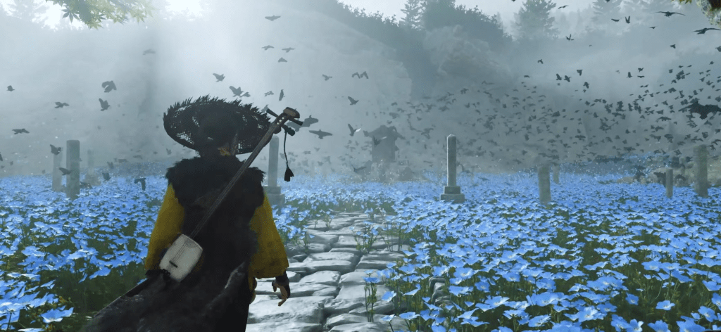 Samurai walking through a field of blue flowers toward a shrine as black birds swarm the misty sky in Ghost of Yotei.