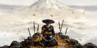 Female samurai standing in a misty forest with dual katanas drawn, ready for battle in Ghost of Yotei.