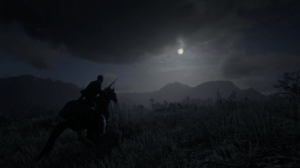 Arthur Morgan riding horseback at night under the moonlight in Red Dead Redemption 2