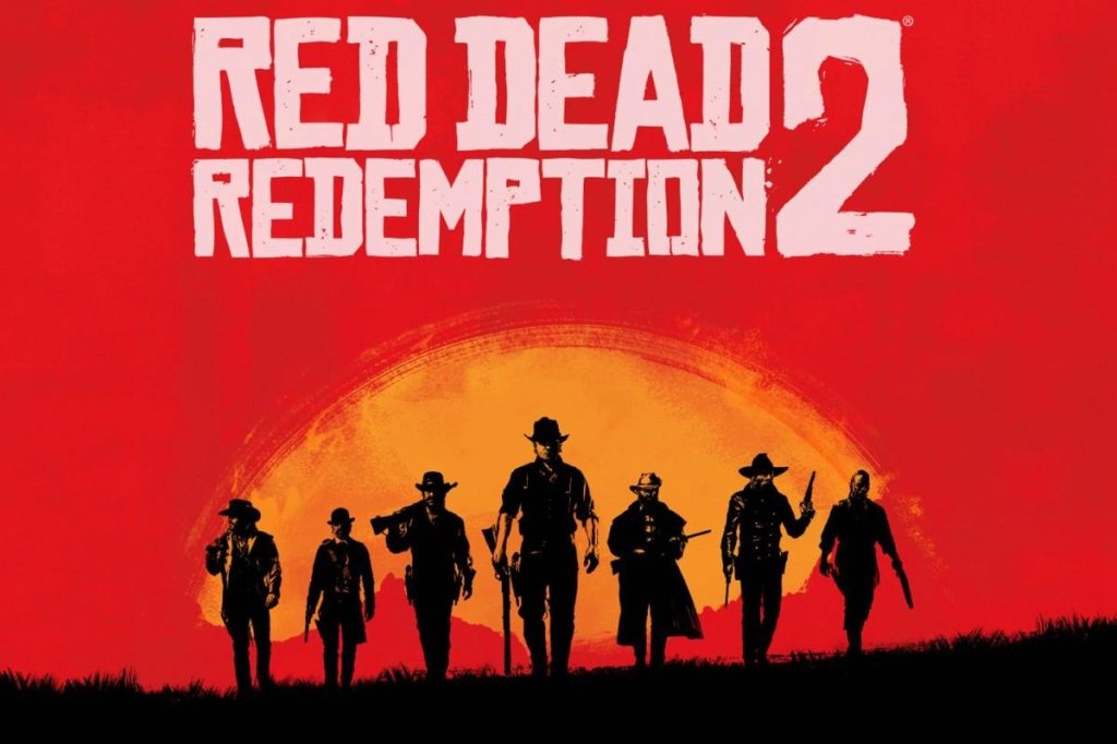 Silhouettes of seven armed outlaws walking toward the viewer against a red and orange sunset background with the Red Dead Redemption 2 logo above.
