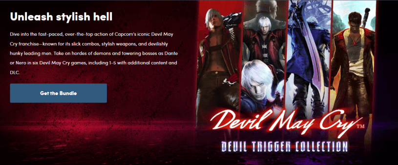Promotional banner for the Devil May Cry Devil Trigger Collection featuring Dante, Nero, and other characters from the series.