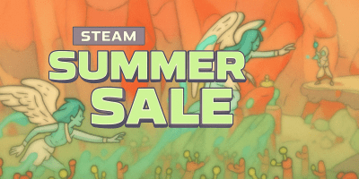 Stylized fantasy artwork showing whimsical characters in a canyon setting during the Steam Summer Sale with bold "Summer Sale" text in the center.