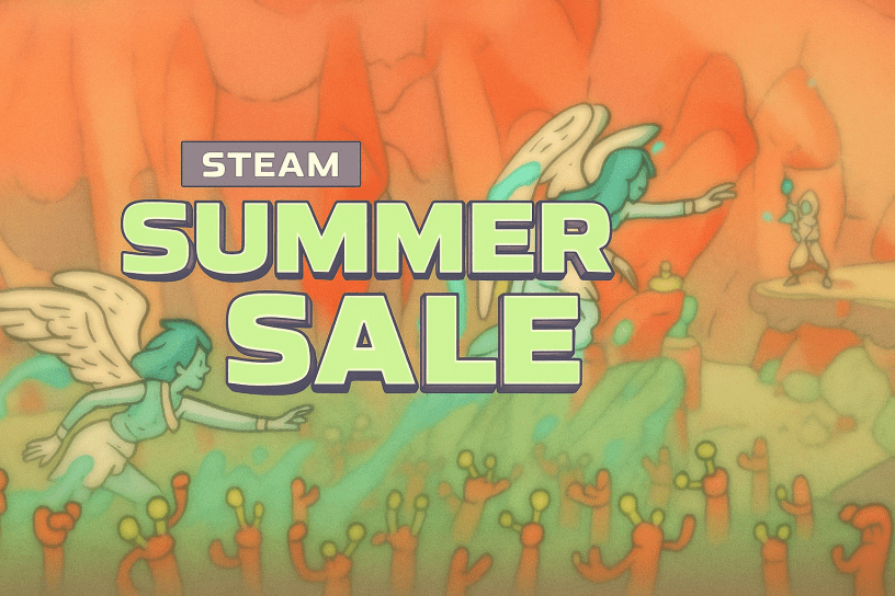 Stylized fantasy artwork showing whimsical characters in a canyon setting during the Steam Summer Sale with bold "Summer Sale" text in the center.