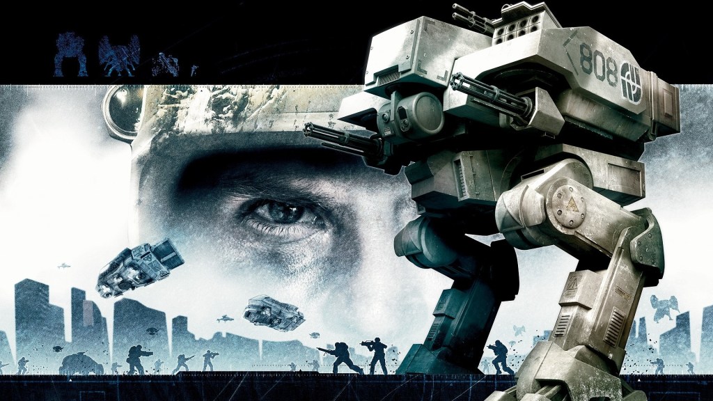 Futuristic battlefield with large combat mech, soldier silhouettes, and intense eye close-up in a sci-fi war setting