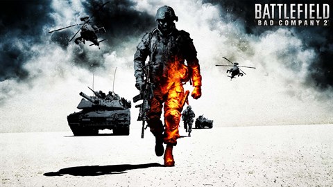 Battlefield: Bad Company 2 soldier walking through a warzone with tanks and helicopters in the background