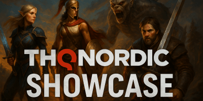 Fantasy characters from THQ Nordic games including an elven warrior, Roman soldier, monster, and knight with THQ Nordic Showcase logo