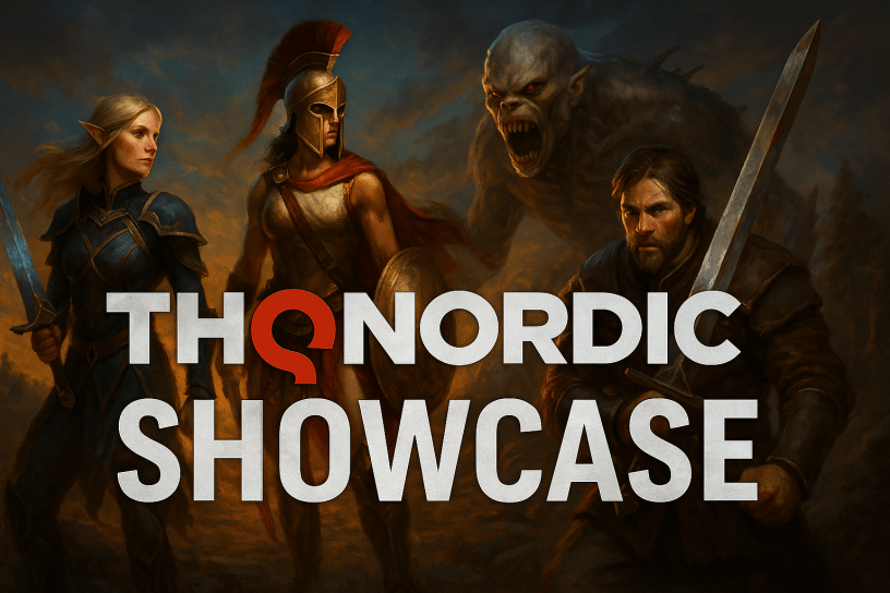 Fantasy characters from THQ Nordic games including an elven warrior, Roman soldier, monster, and knight with THQ Nordic Showcase logo