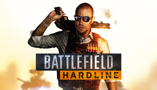 Battlefield Hardline cover featuring a police officer in tactical gear with a shotgun slung over his shoulder and sunglasses on
