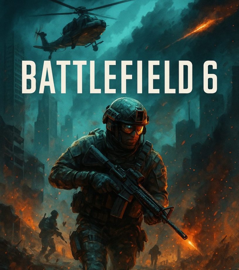 Battlefield 6 soldier running through a war-torn city with fire and helicopters overhead