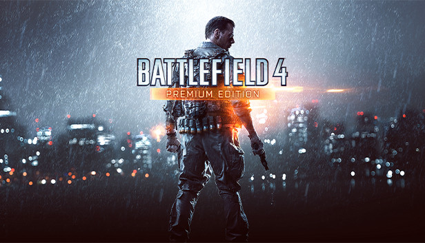 Battlefield 4 soldier standing in the rain with city lights in the background and weapon in hand