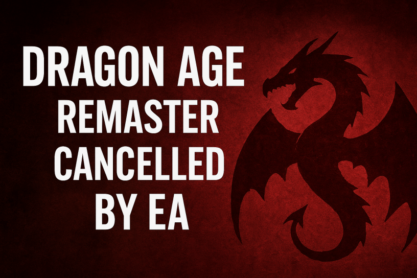 Dragon Age Remaster Cancelled by EA with red dragon emblem on dark background