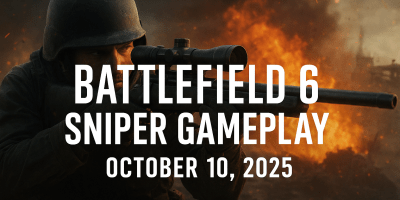 Battlefield 6 sniper gameplay promo image with soldier aiming rifle in chaotic warzone, release date October 10, 2025
