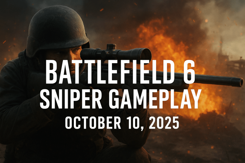 Battlefield 6 sniper gameplay promo image with soldier aiming rifle in chaotic warzone, release date October 10, 2025