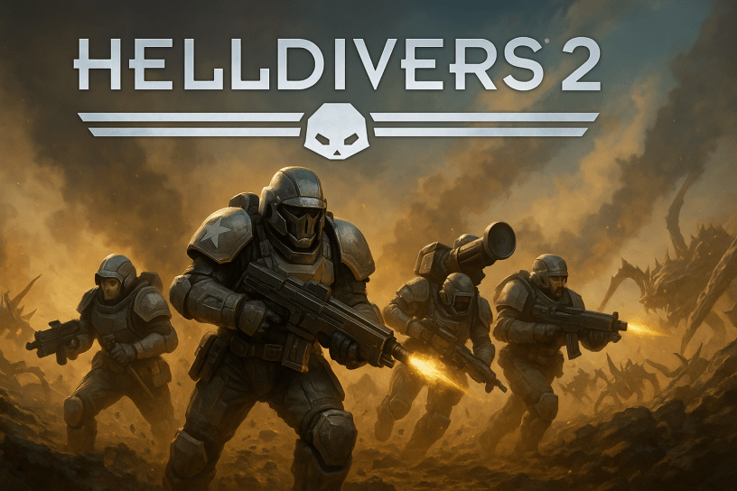Helldivers 2 co-op shooter gameplay – squad of armored soldiers fighting alien bugs with explosions on battlefield Xbox Steam crossplay