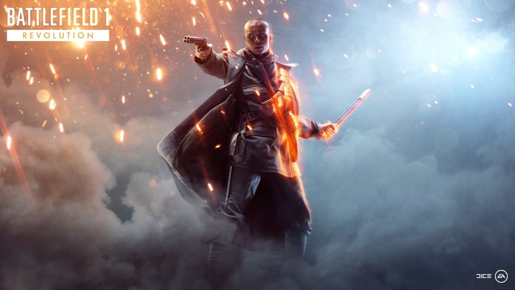 Battlefield 1 soldier in dramatic pose holding a revolver and melee weapon amidst sparks and smoke