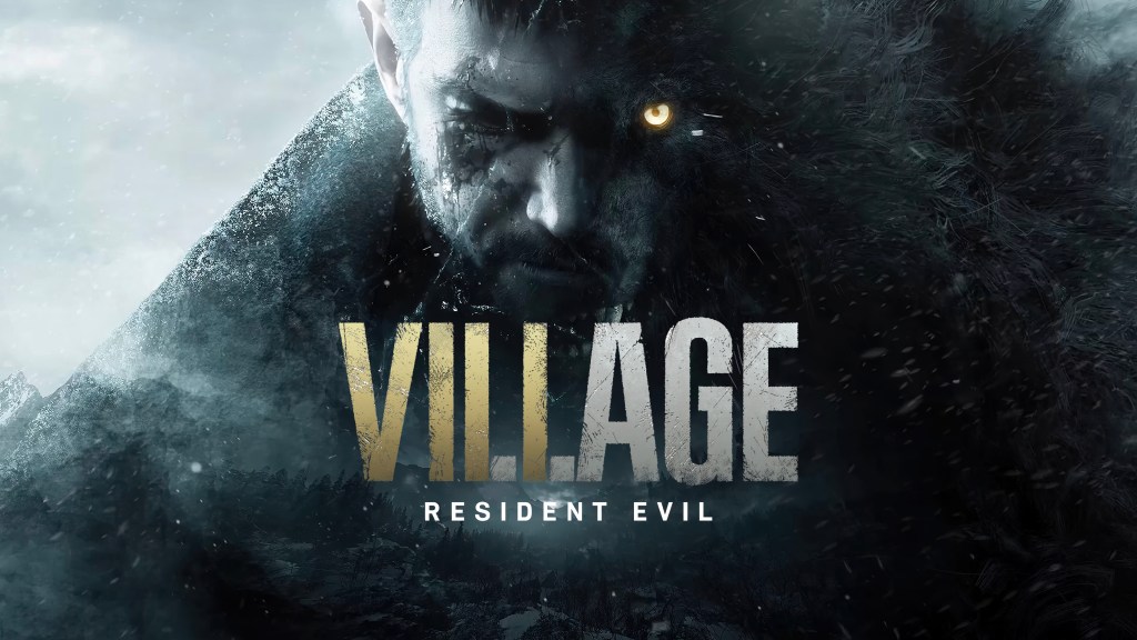 Resident Evil Village cover art featuring protagonist Ethan Winters with a dark snowy background