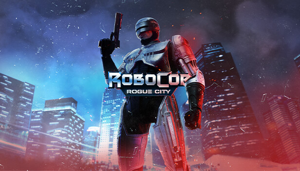 RoboCop Rogue City video game cover art with RoboCop holding a gun in a futuristic city