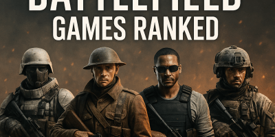 Four Battlefield soldiers from different game eras standing against a smoky, war-torn background under the title 'Top 5 Best Battlefield Games Ranked