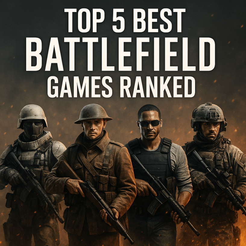 Four Battlefield soldiers from different game eras standing against a smoky, war-torn background under the title 'Top 5 Best Battlefield Games Ranked