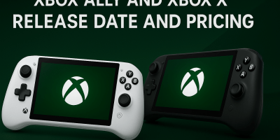 Xbox Ally and Xbox Ally X handheld gaming PCs with Xbox logo screens on green background, release date and pricing announcement.