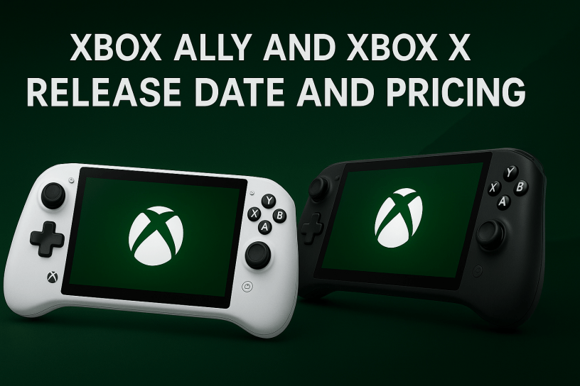 Xbox Ally and Xbox Ally X handheld gaming PCs with Xbox logo screens on green background, release date and pricing announcement.